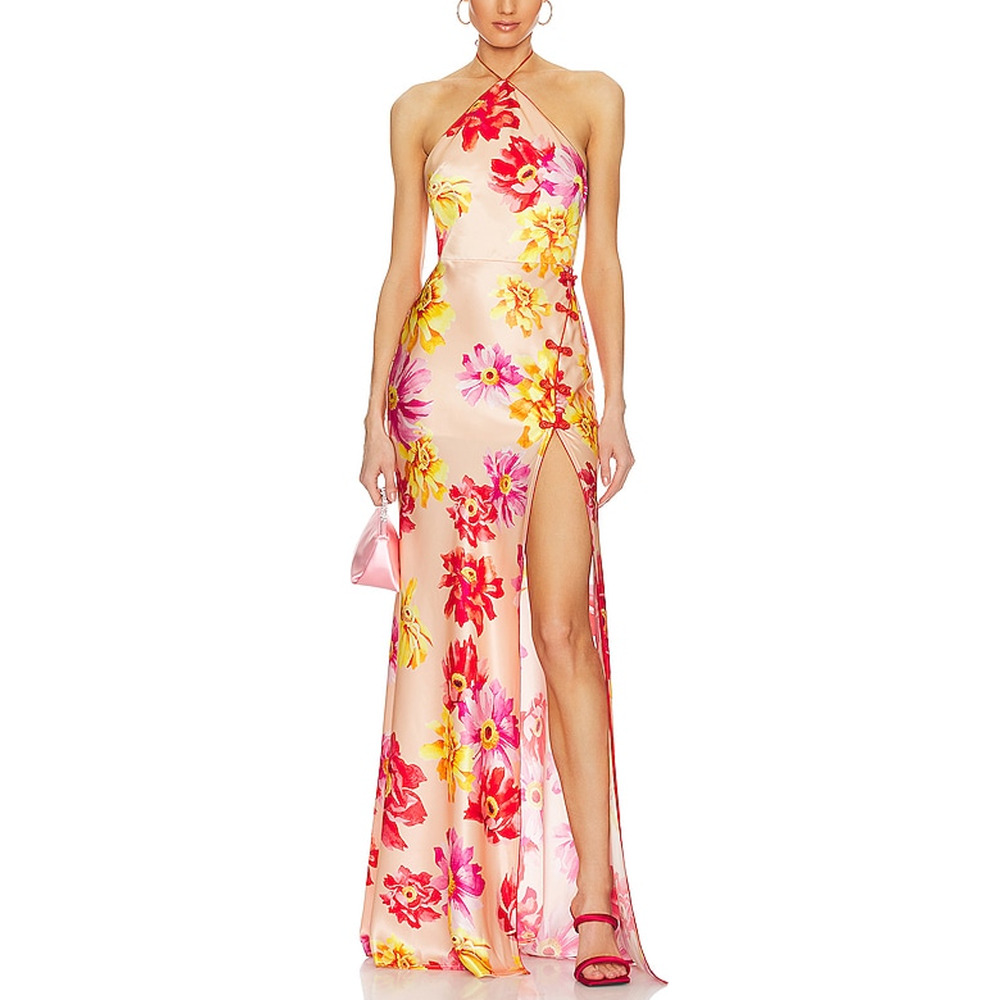 Floral Halter Neck Pink Satin Evening Gown with High Slit